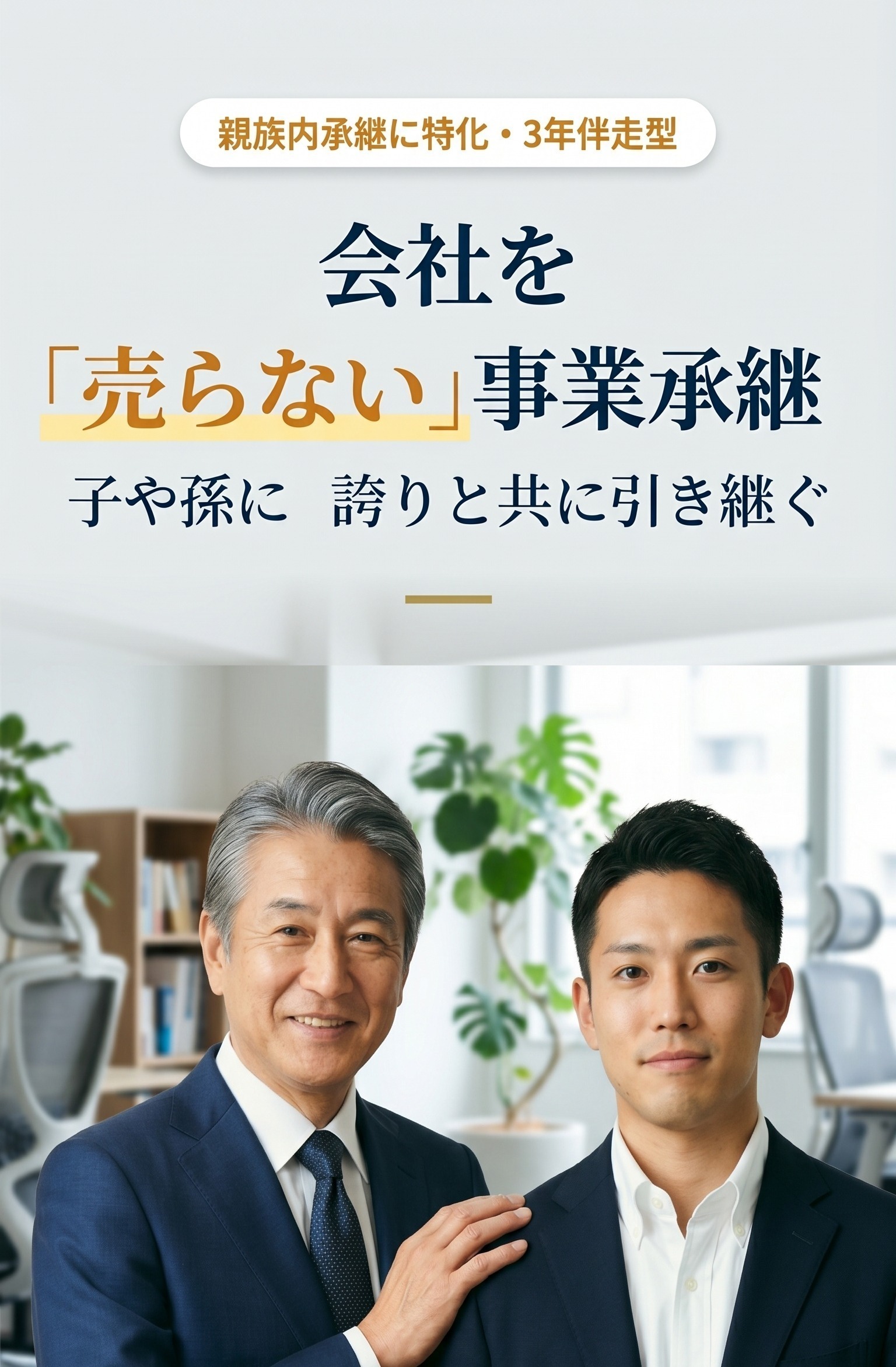 会社を「売らない」事業承継。親族内承継に特化した3年伴走型サービス。