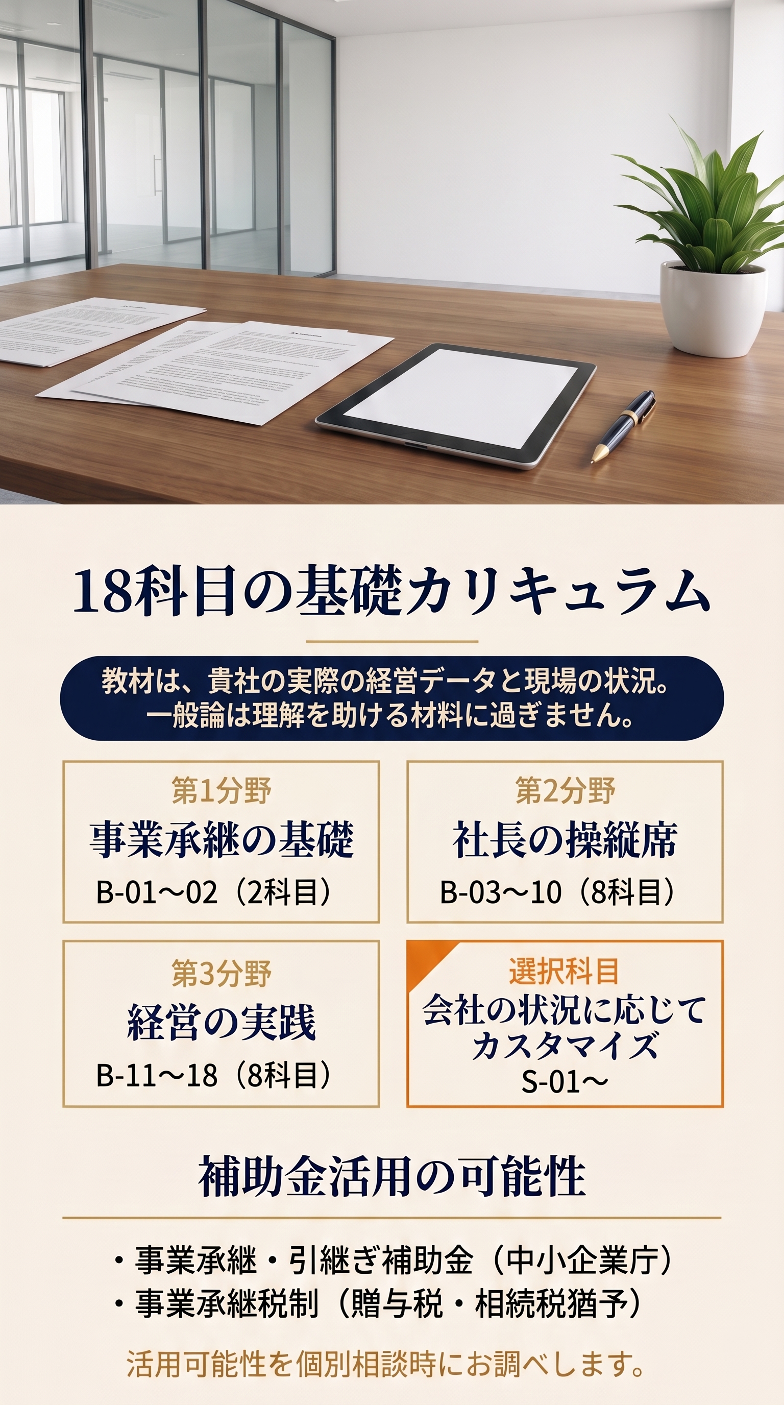 18科目の基礎カリキュラム：第1分野 事業承継の基礎 B-01〜02（2科目）／第2分野 社長の操縦席 B-03〜10（8科目）／第3分野 経営の実践 B-11〜18（8科目）／選択科目 会社の状況に応じてカスタマイズ S-01〜。補助金活用の可能性：事業承継・引継ぎ補助金（中小企業庁）／事業承継税制（贈与税・相続税猶予）。活用可能性を個別相談時にお調べします。教材は、貴社の実際の経営データと現場の状況。一般論は理解を助ける材料に過ぎません。