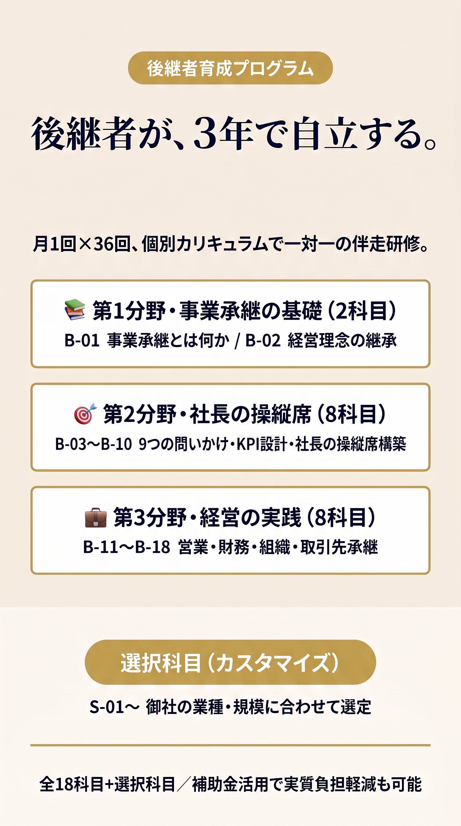 後継者育成プログラム。後継者が、3年で自立する。月1回×36回、個別カリキュラムで一対一の伴走研修。第1分野 事業承継の基礎（2科目）B-01 事業承継とは何か / B-02 経営理念の継承。第2分野 社長の操縦席（8科目）B-03〜B-10 9つの問いかけ・KPI設計・社長の操縦席構築。第3分野 経営の実践（8科目）B-11〜B-18 営業・財務・組織・取引先承継。選択科目（カスタマイズ）S-01〜 御社の業種・規模に合わせて選定。全18科目+選択科目／補助金活用で実質負担軽減も可能。