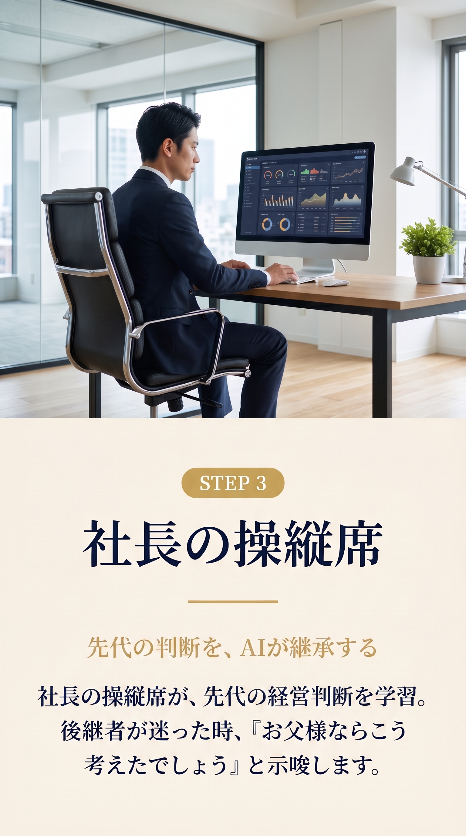 STEP 3 社長の操縦席。先代の判断を、AIが継承する。社長の操縦席が先代の経営判断を学習。後継者が迷った時、「お父様ならこう考えたでしょう」と示唆します。